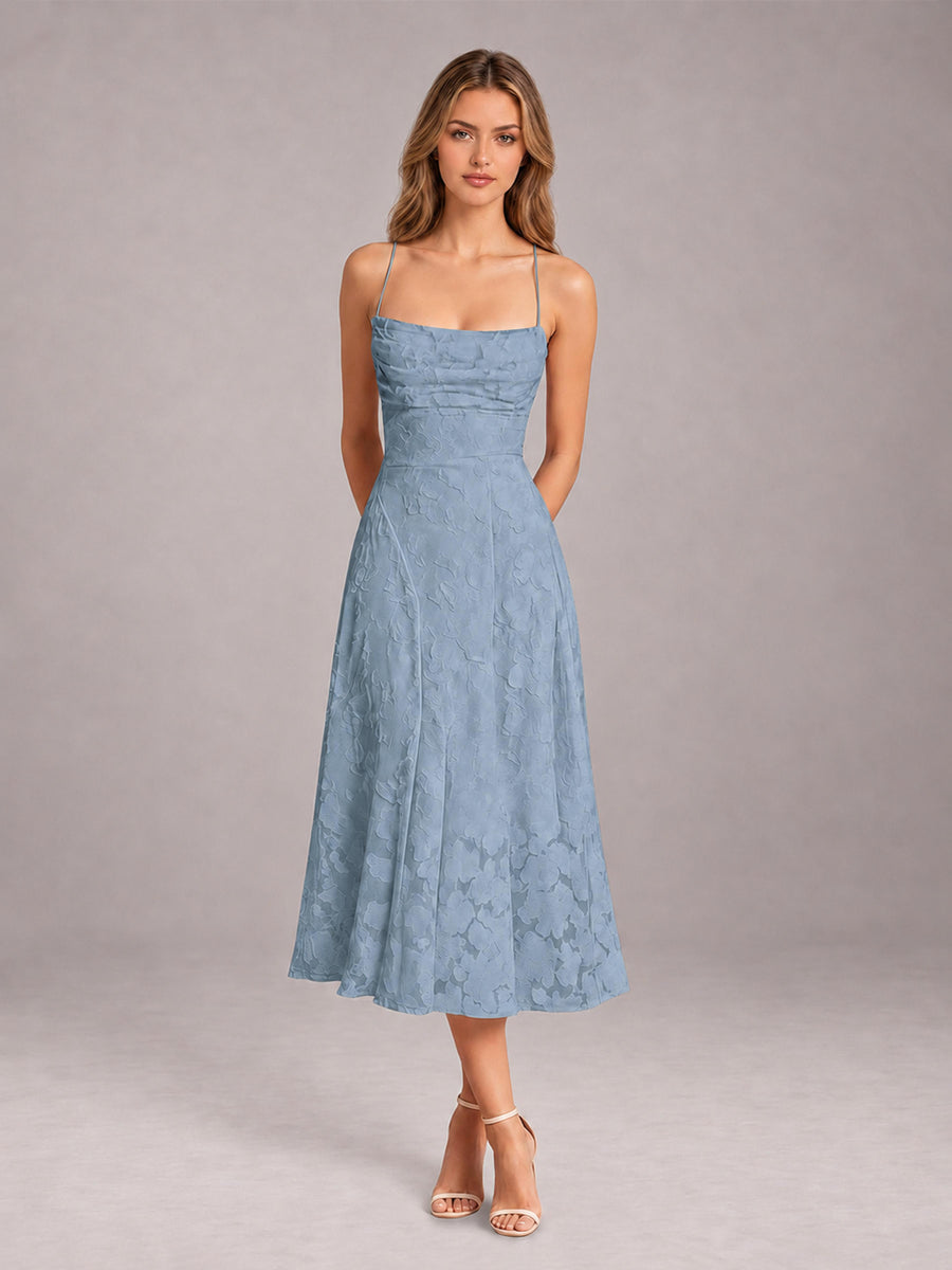 Dusty Blue A-Line/Princess Spaghetti Strap Sleeveless Floral Lace Tea-Length Bridesmaid Dress