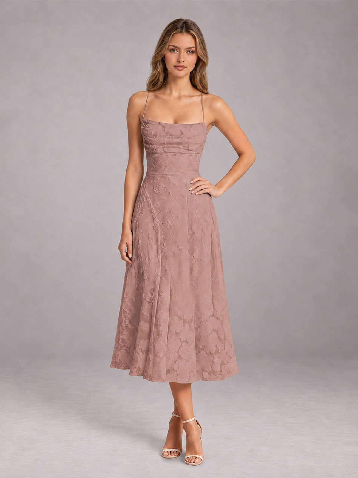 Dusty Rose A-Line/Princess Spaghetti Strap Sleeveless Floral Lace Tea-Length Bridesmaid Dress