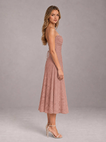 Dusty Rose A-Line/Princess Spaghetti Strap Sleeveless Floral Lace Tea-Length Bridesmaid Dress