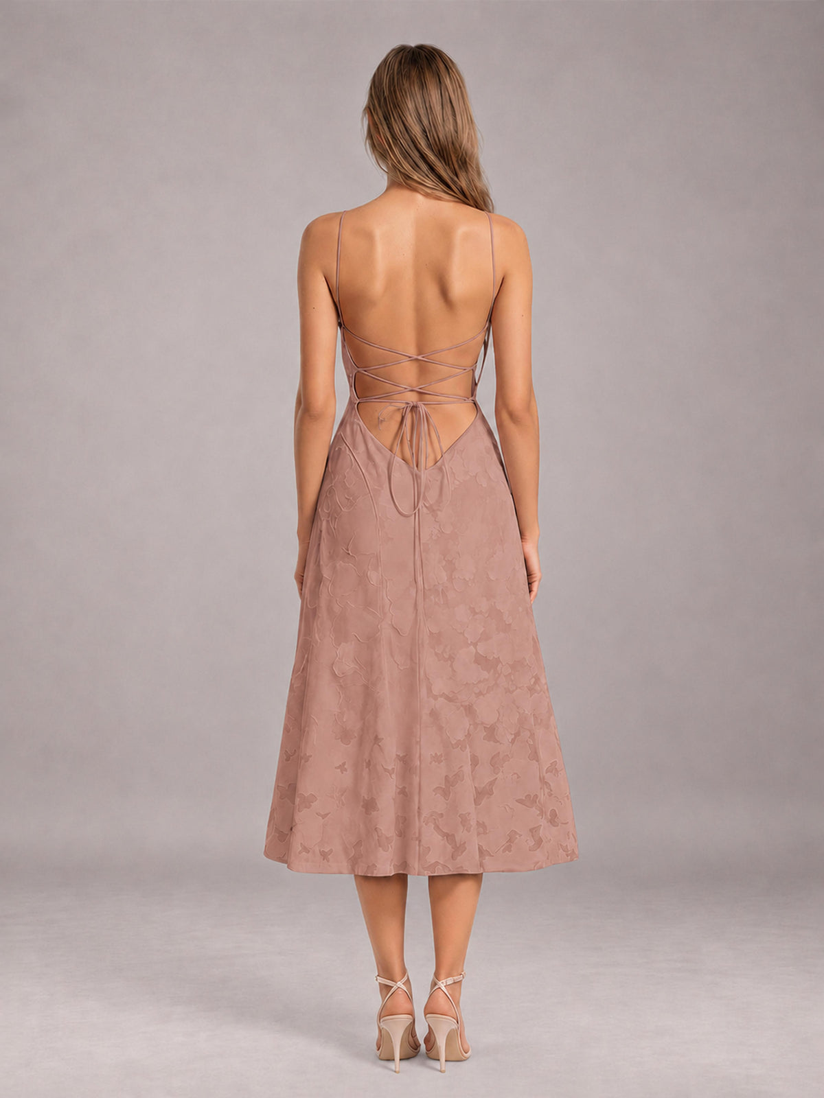 Dusty Rose A-Line/Princess Spaghetti Strap Sleeveless Floral Lace Tea-Length Bridesmaid Dress