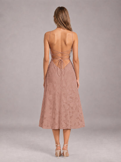 Dusty Rose A-Line/Princess Spaghetti Strap Sleeveless Floral Lace Tea-Length Bridesmaid Dress
