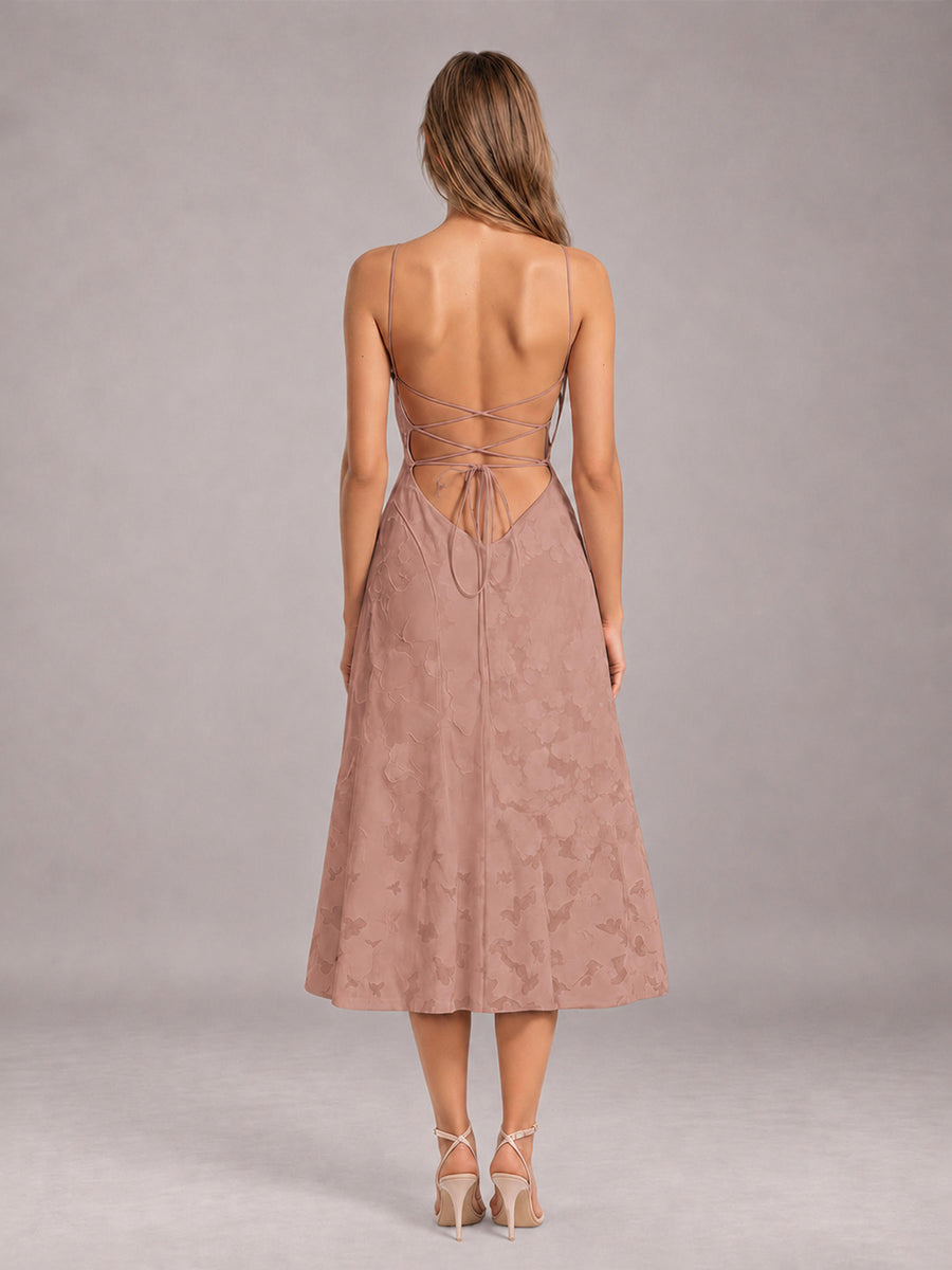 Dusty Rose A-Line/Princess Spaghetti Strap Sleeveless Floral Lace Tea-Length Bridesmaid Dress