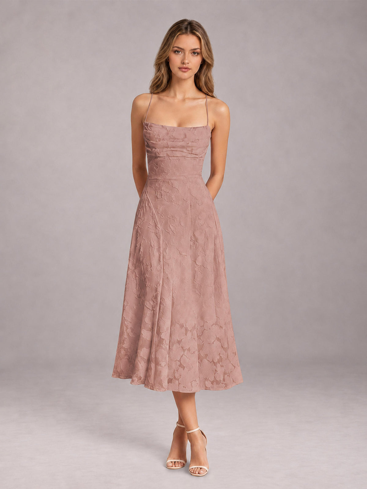 Dusty Rose A-Line/Princess Spaghetti Strap Sleeveless Floral Lace Tea-Length Bridesmaid Dress