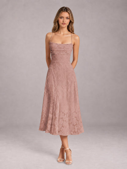 Dusty Rose A-Line/Princess Spaghetti Strap Sleeveless Floral Lace Tea-Length Bridesmaid Dress