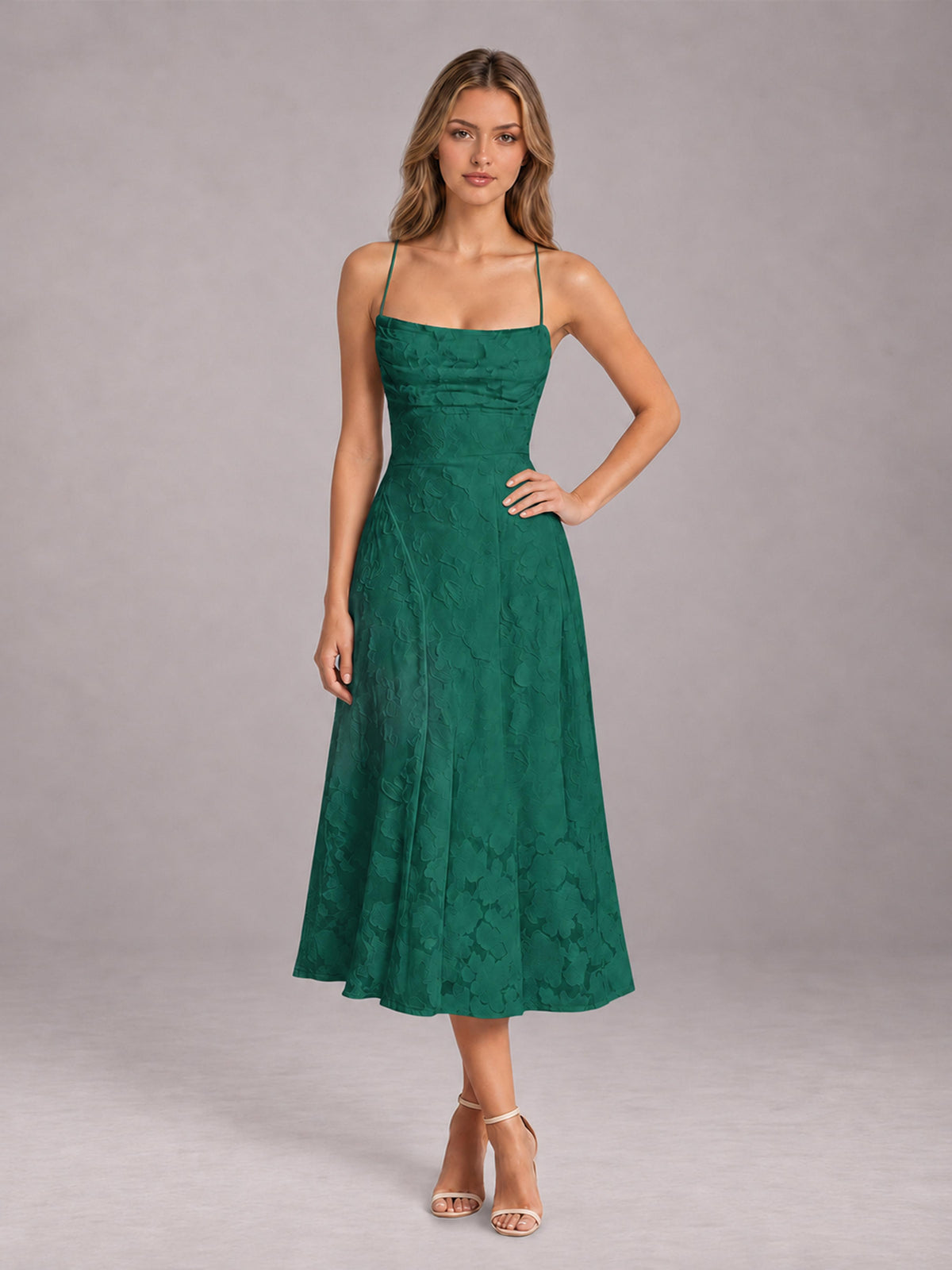 Emerald Green A-Line/Princess Spaghetti Strap Sleeveless Floral Lace Tea-Length Bridesmaid Dress