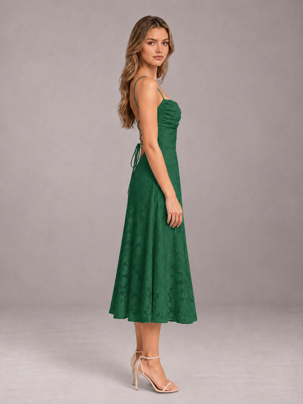 Emerald Green A-Line/Princess Spaghetti Strap Sleeveless Floral Lace Tea-Length Bridesmaid Dress