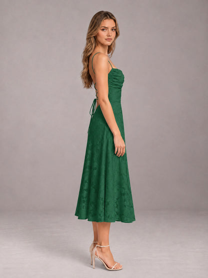 Emerald Green A-Line/Princess Spaghetti Strap Sleeveless Floral Lace Tea-Length Bridesmaid Dress
