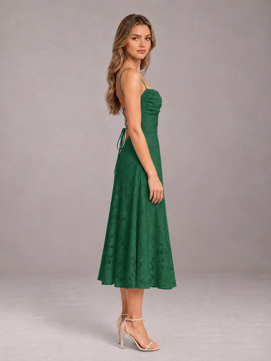 Emerald Green A-Line/Princess Spaghetti Strap Sleeveless Floral Lace Tea-Length Bridesmaid Dress