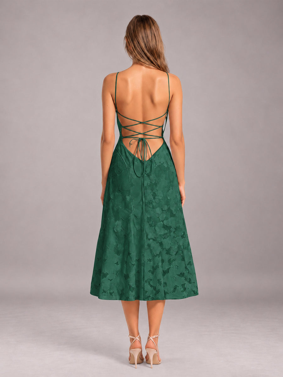 Emerald Green A-Line/Princess Spaghetti Strap Sleeveless Floral Lace Tea-Length Bridesmaid Dress