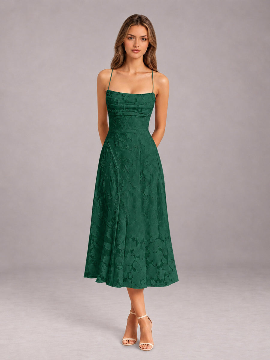 Emerald Green A-Line/Princess Spaghetti Strap Sleeveless Floral Lace Tea-Length Bridesmaid Dress