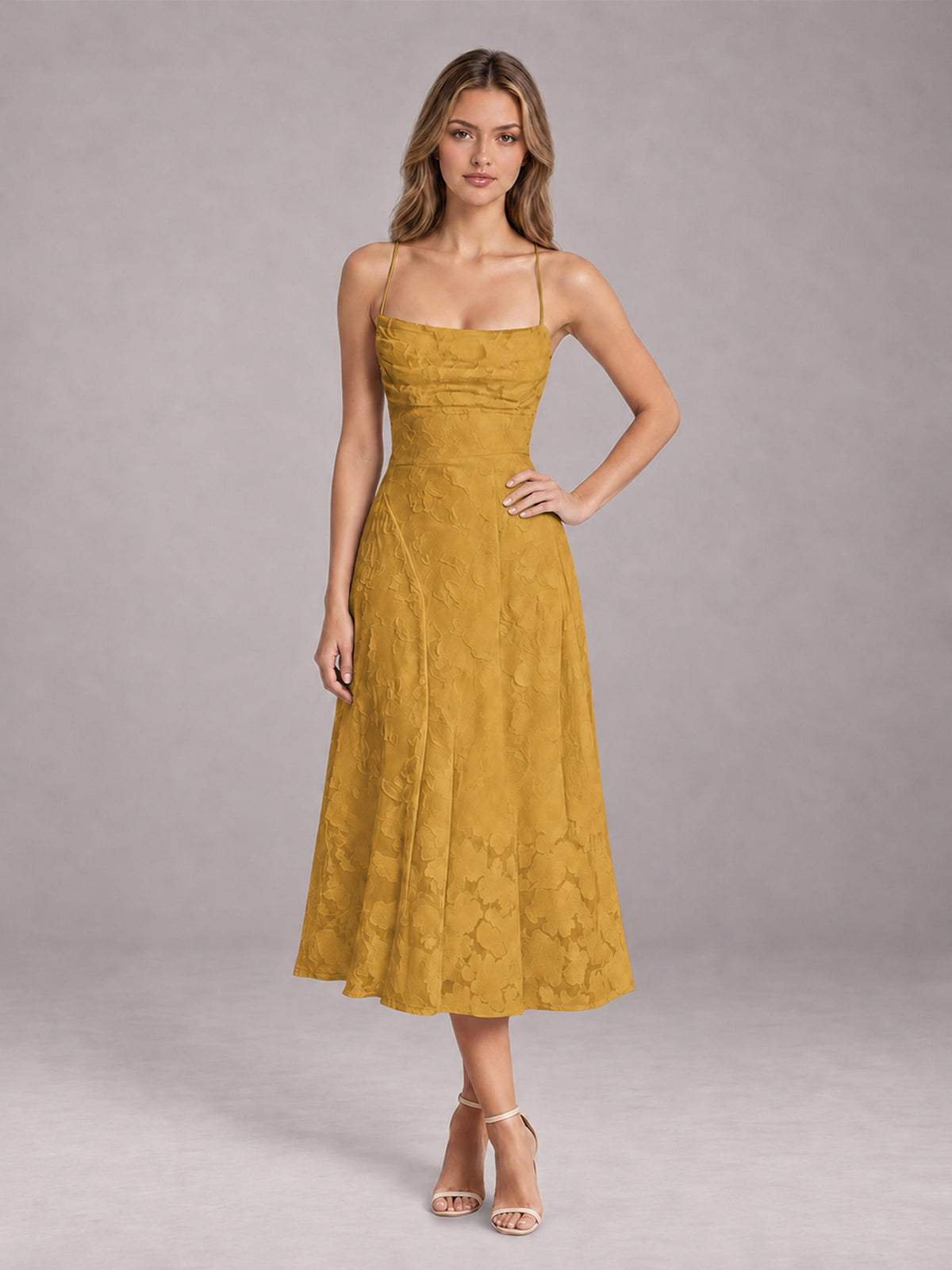 Gold A-Line/Princess Spaghetti Strap Sleeveless Floral Lace Tea-Length Bridesmaid Dress