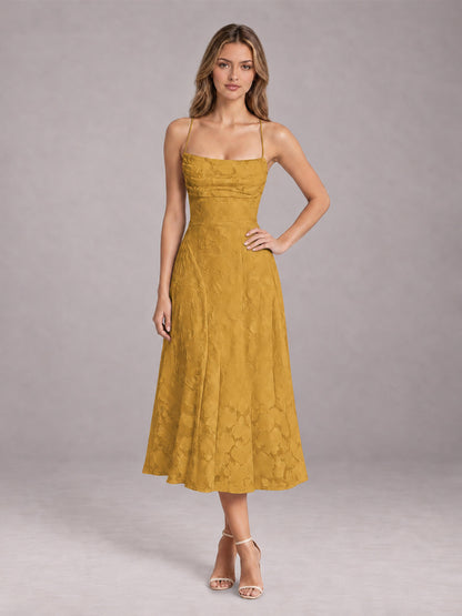 Gold A-Line/Princess Spaghetti Strap Sleeveless Floral Lace Tea-Length Bridesmaid Dress