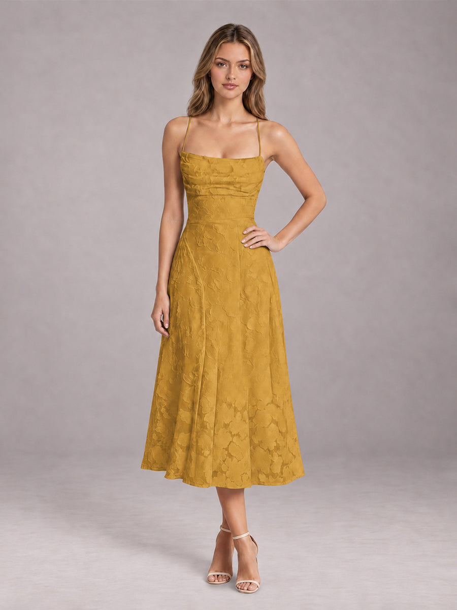 Gold A-Line/Princess Spaghetti Strap Sleeveless Floral Lace Tea-Length Bridesmaid Dress