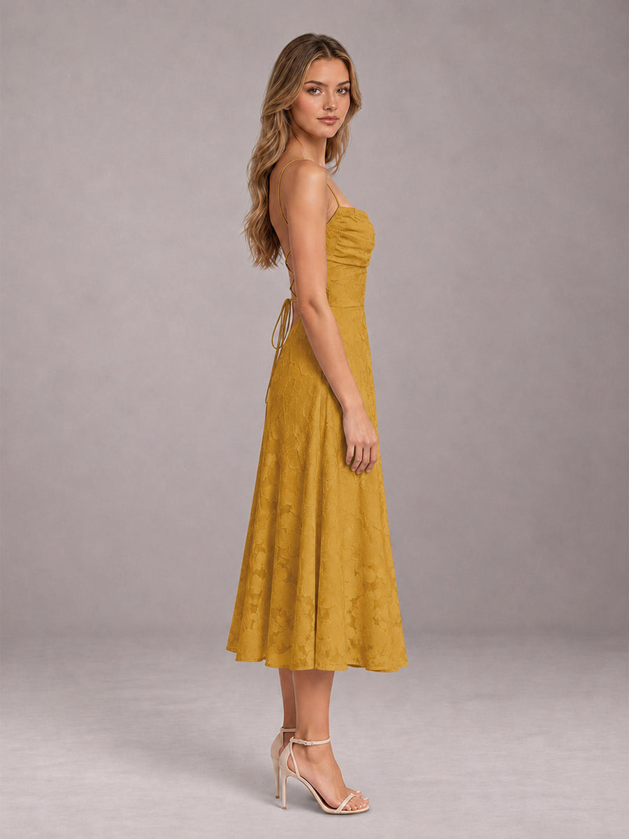 Gold A-Line/Princess Spaghetti Strap Sleeveless Floral Lace Tea-Length Bridesmaid Dress