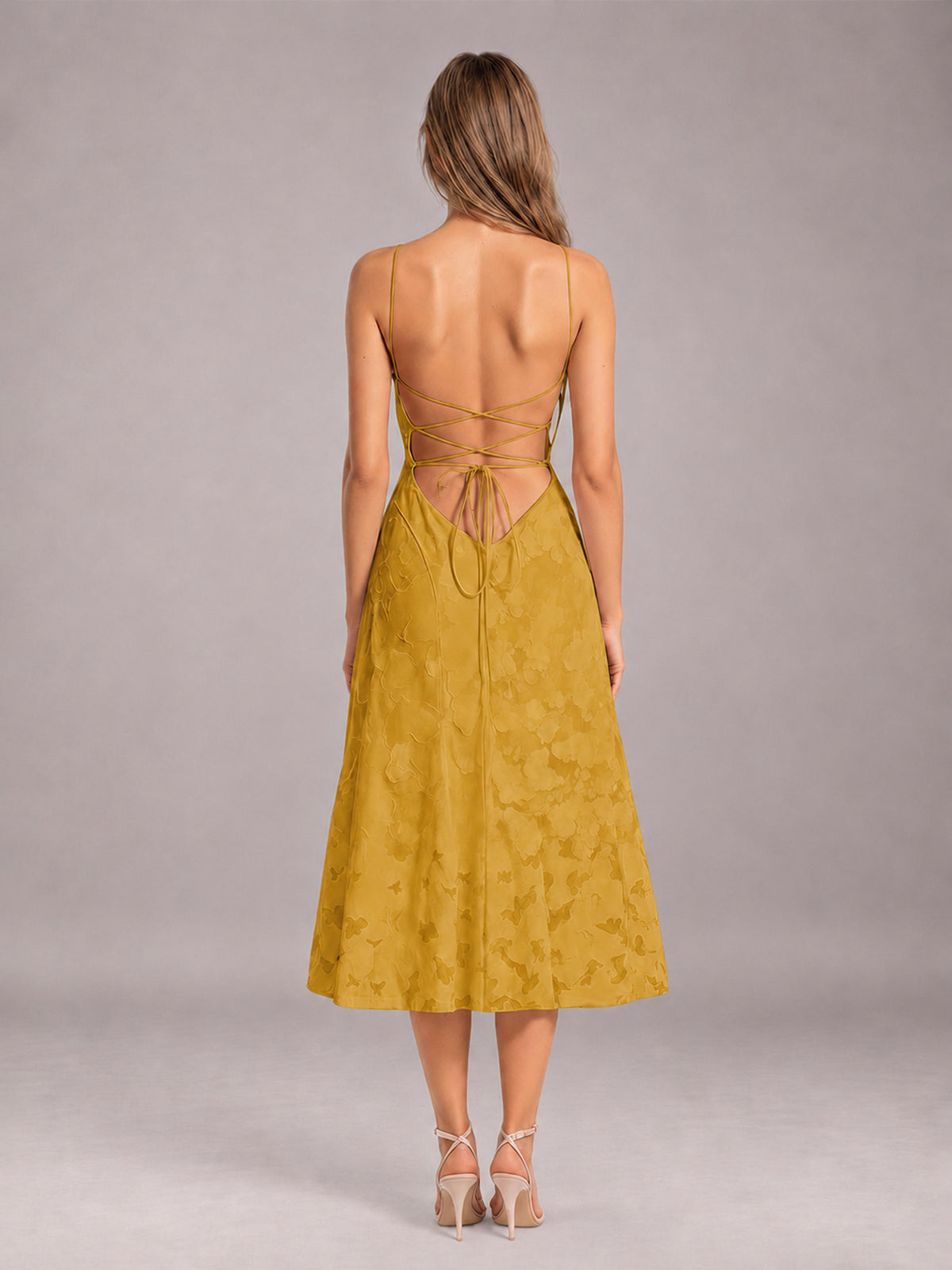 Gold A-Line/Princess Spaghetti Strap Sleeveless Floral Lace Tea-Length Bridesmaid Dress