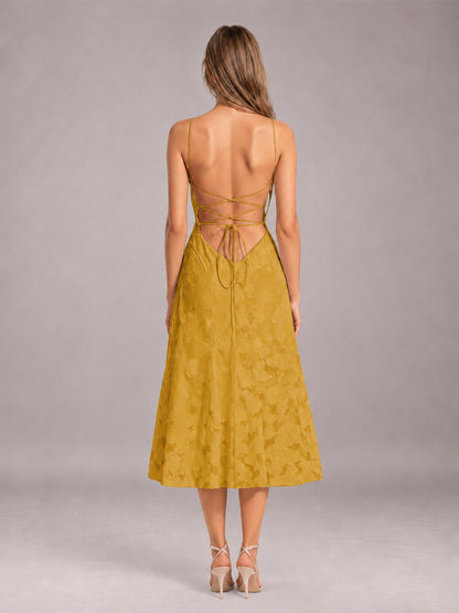 Gold A-Line/Princess Spaghetti Strap Sleeveless Floral Lace Tea-Length Bridesmaid Dress