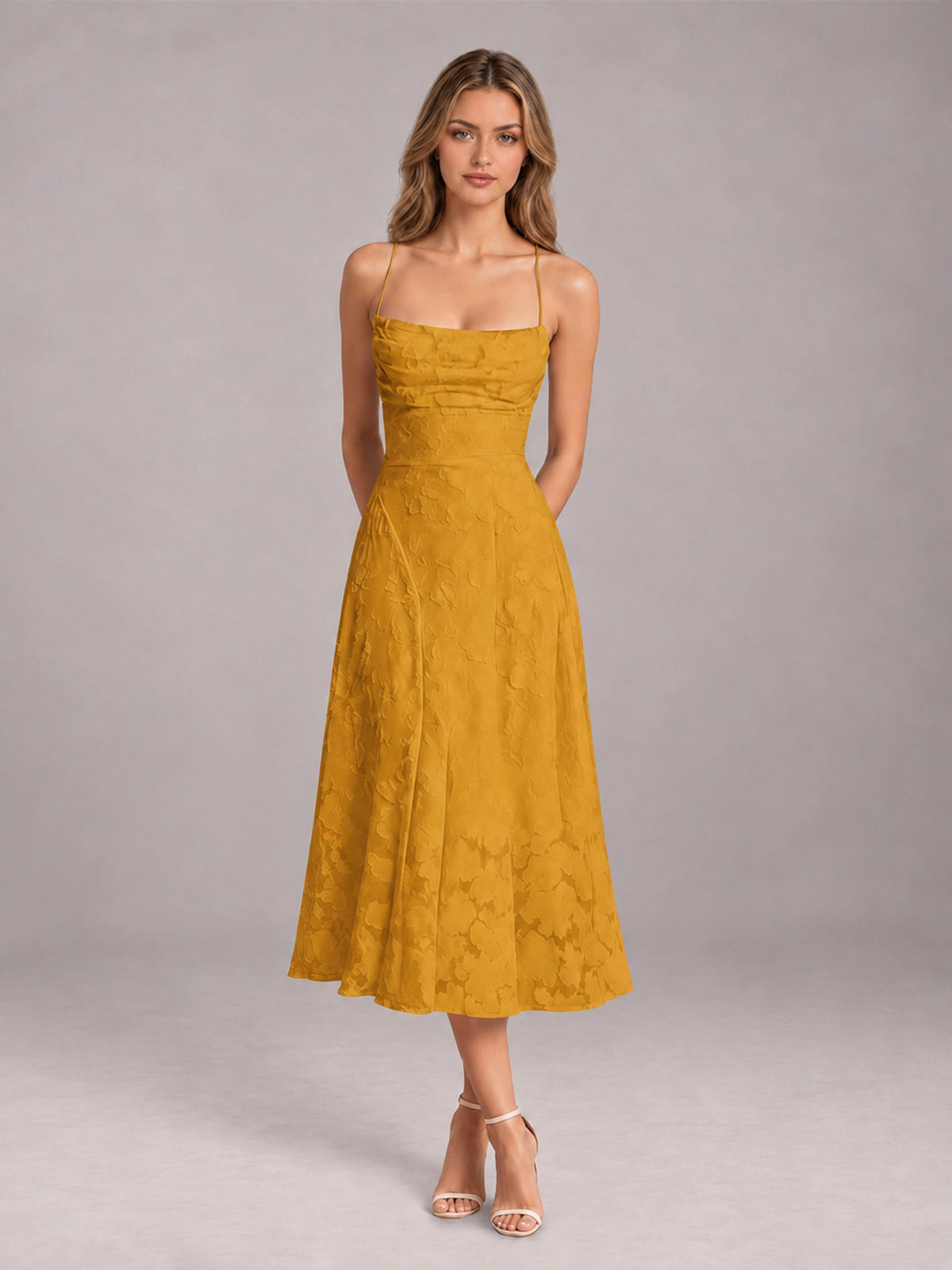 Gold A-Line/Princess Spaghetti Strap Sleeveless Floral Lace Tea-Length Bridesmaid Dress