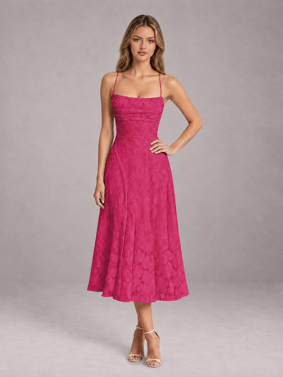 Hot Pink A-Line/Princess Spaghetti Strap Sleeveless Floral Lace Tea-Length Bridesmaid Dress