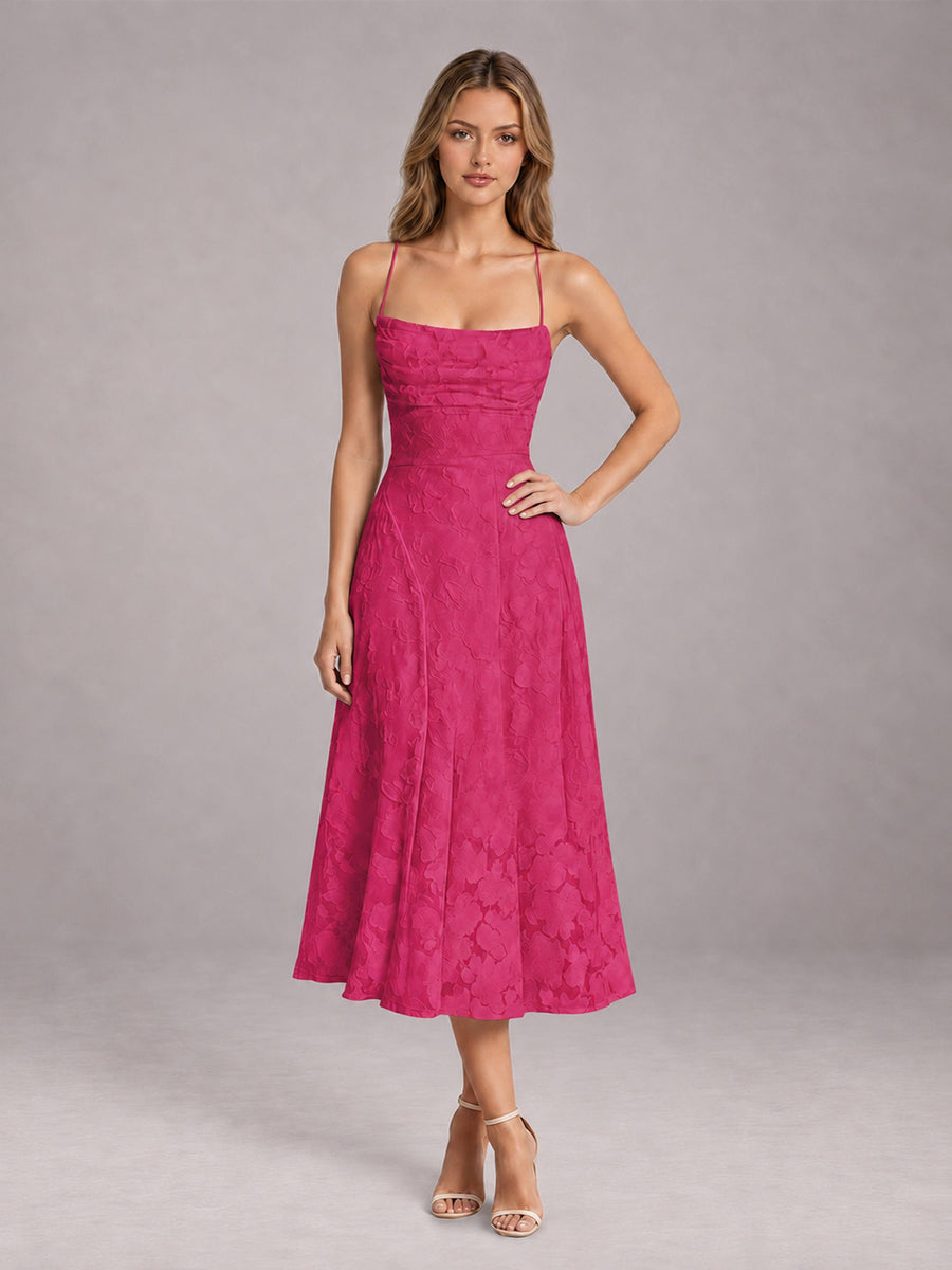 Hot Pink A-Line/Princess Spaghetti Strap Sleeveless Floral Lace Tea-Length Bridesmaid Dress