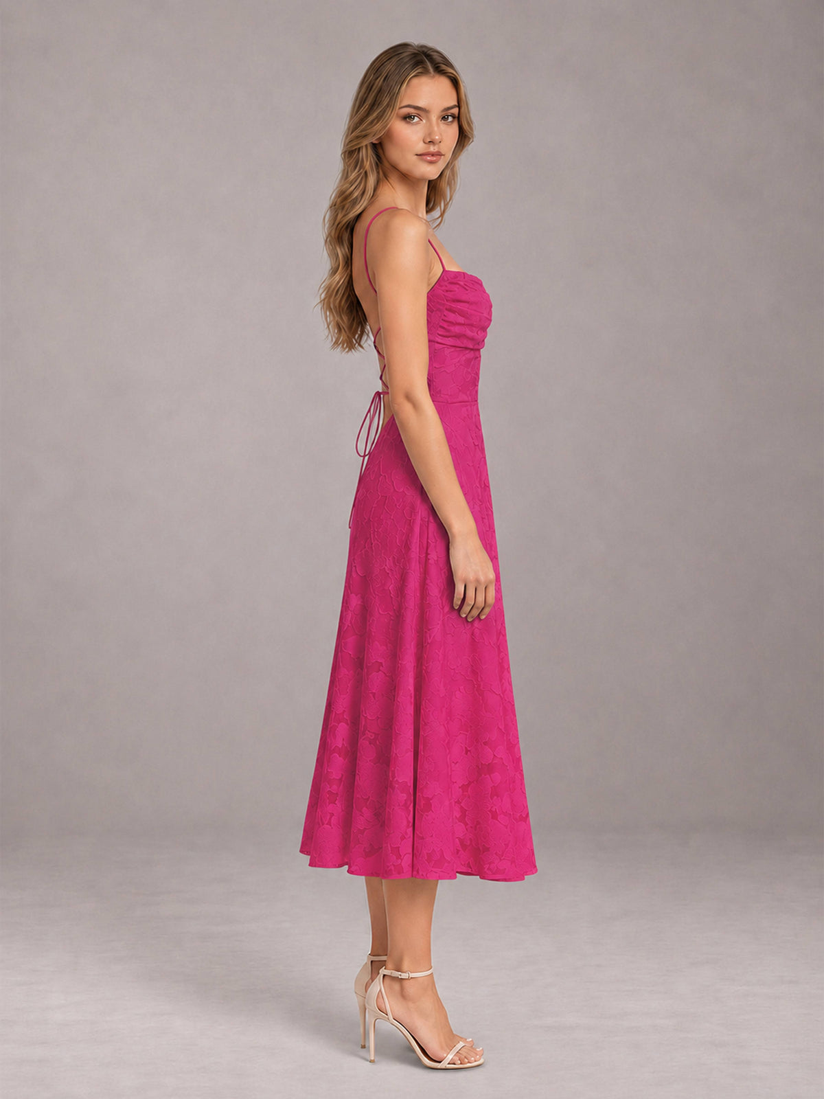 Hot Pink A-Line/Princess Spaghetti Strap Sleeveless Floral Lace Tea-Length Bridesmaid Dress