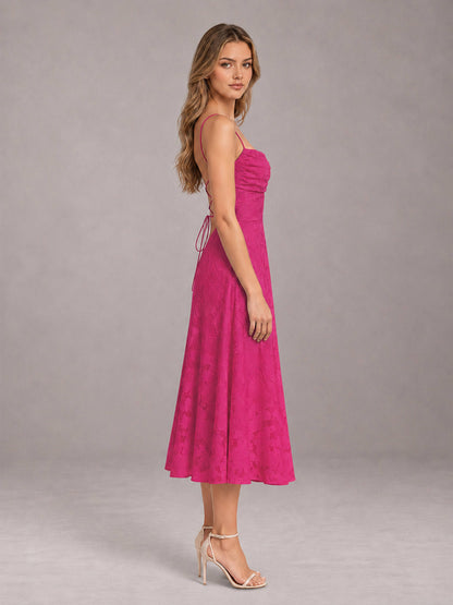 Hot Pink A-Line/Princess Spaghetti Strap Sleeveless Floral Lace Tea-Length Bridesmaid Dress