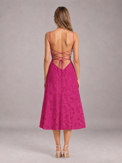 Hot Pink A-Line/Princess Spaghetti Strap Sleeveless Floral Lace Tea-Length Bridesmaid Dress
