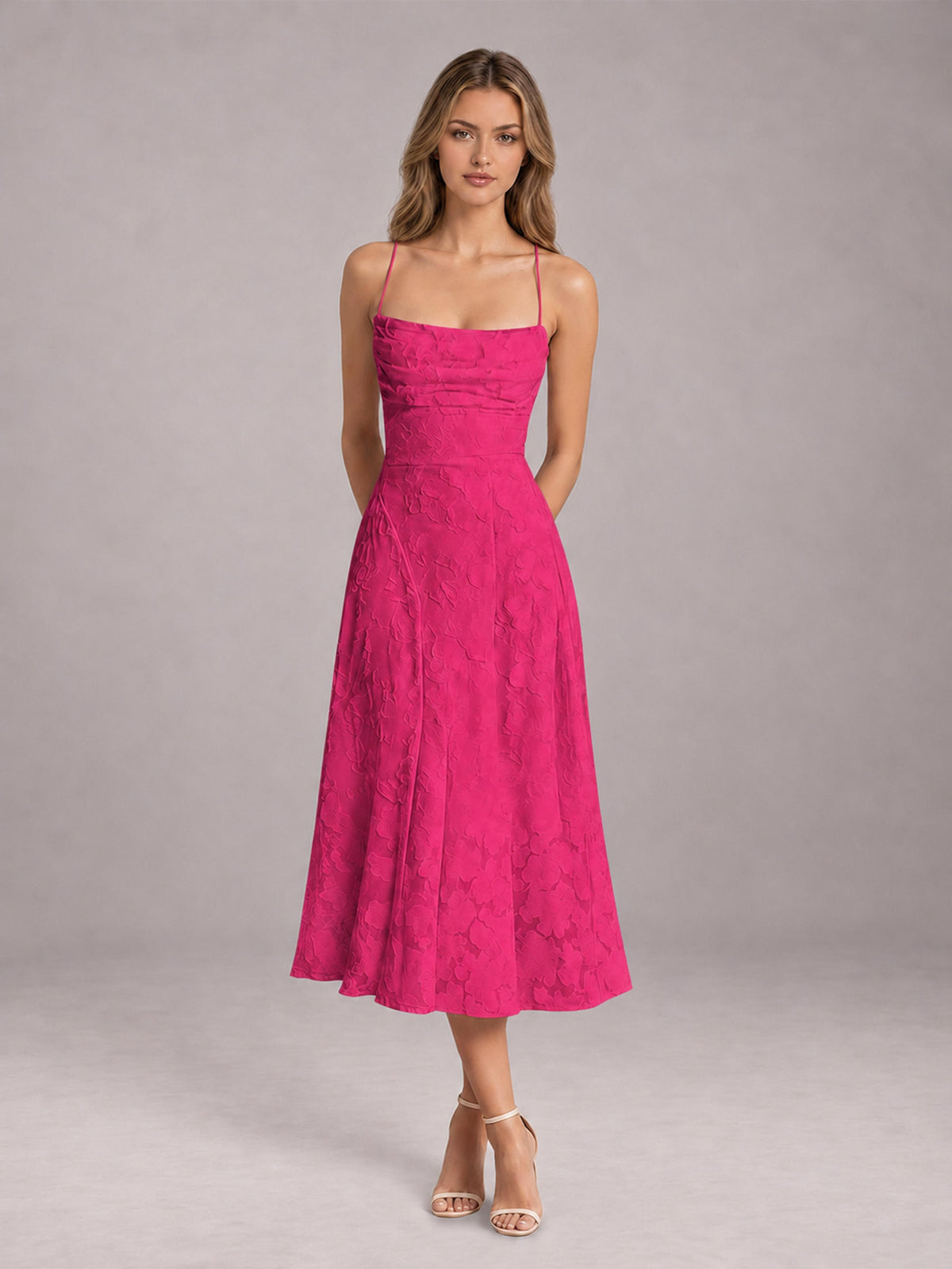 Hot Pink A-Line/Princess Spaghetti Strap Sleeveless Floral Lace Tea-Length Bridesmaid Dress