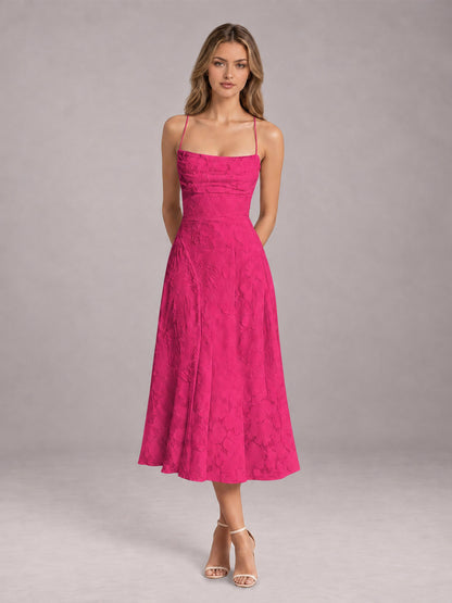 Hot Pink A-Line/Princess Spaghetti Strap Sleeveless Floral Lace Tea-Length Bridesmaid Dress