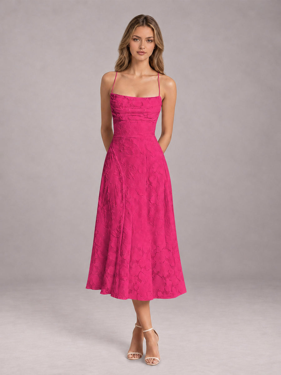 Hot Pink A-Line/Princess Spaghetti Strap Sleeveless Floral Lace Tea-Length Bridesmaid Dress