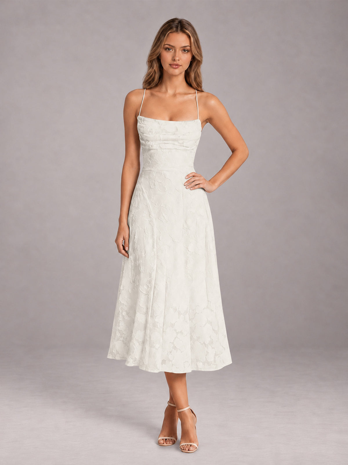Ivory A-Line/Princess Spaghetti Strap Sleeveless Floral Lace Tea-Length Bridesmaid Dress
