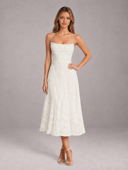 Ivory A-Line/Princess Spaghetti Strap Sleeveless Floral Lace Tea-Length Bridesmaid Dress