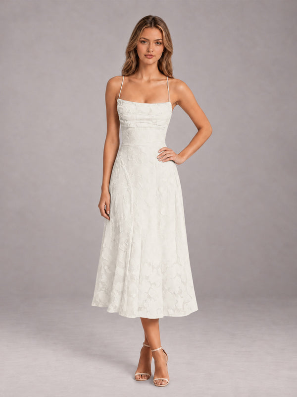 Ivory A-Line/Princess Spaghetti Strap Sleeveless Floral Lace Tea-Length Bridesmaid Dress