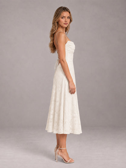 Ivory A-Line/Princess Spaghetti Strap Sleeveless Floral Lace Tea-Length Bridesmaid Dress
