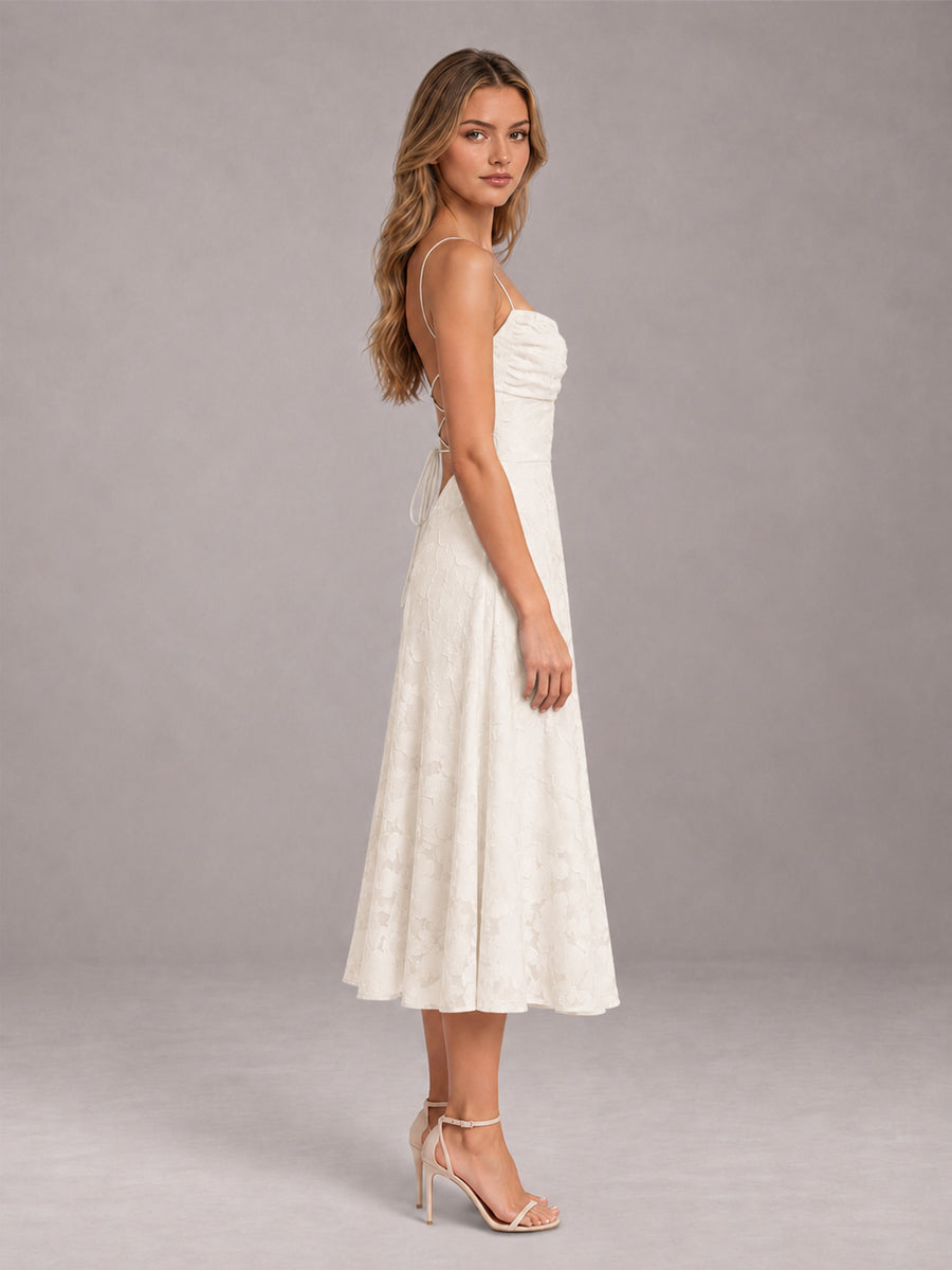 Ivory A-Line/Princess Spaghetti Strap Sleeveless Floral Lace Tea-Length Bridesmaid Dress