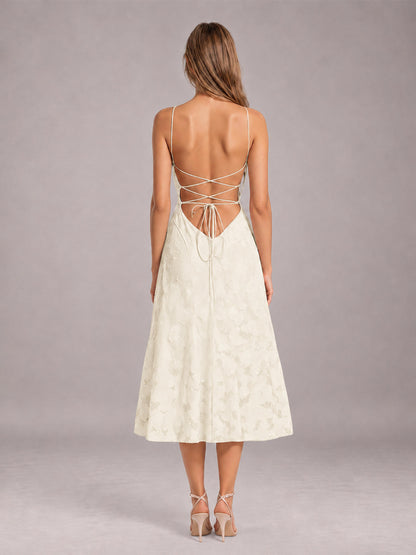 Ivory A-Line/Princess Spaghetti Strap Sleeveless Floral Lace Tea-Length Bridesmaid Dress