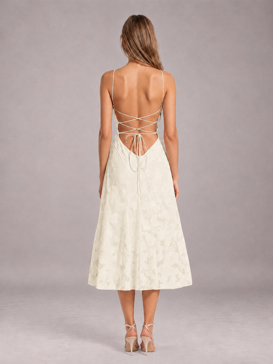 Ivory A-Line/Princess Spaghetti Strap Sleeveless Floral Lace Tea-Length Bridesmaid Dress