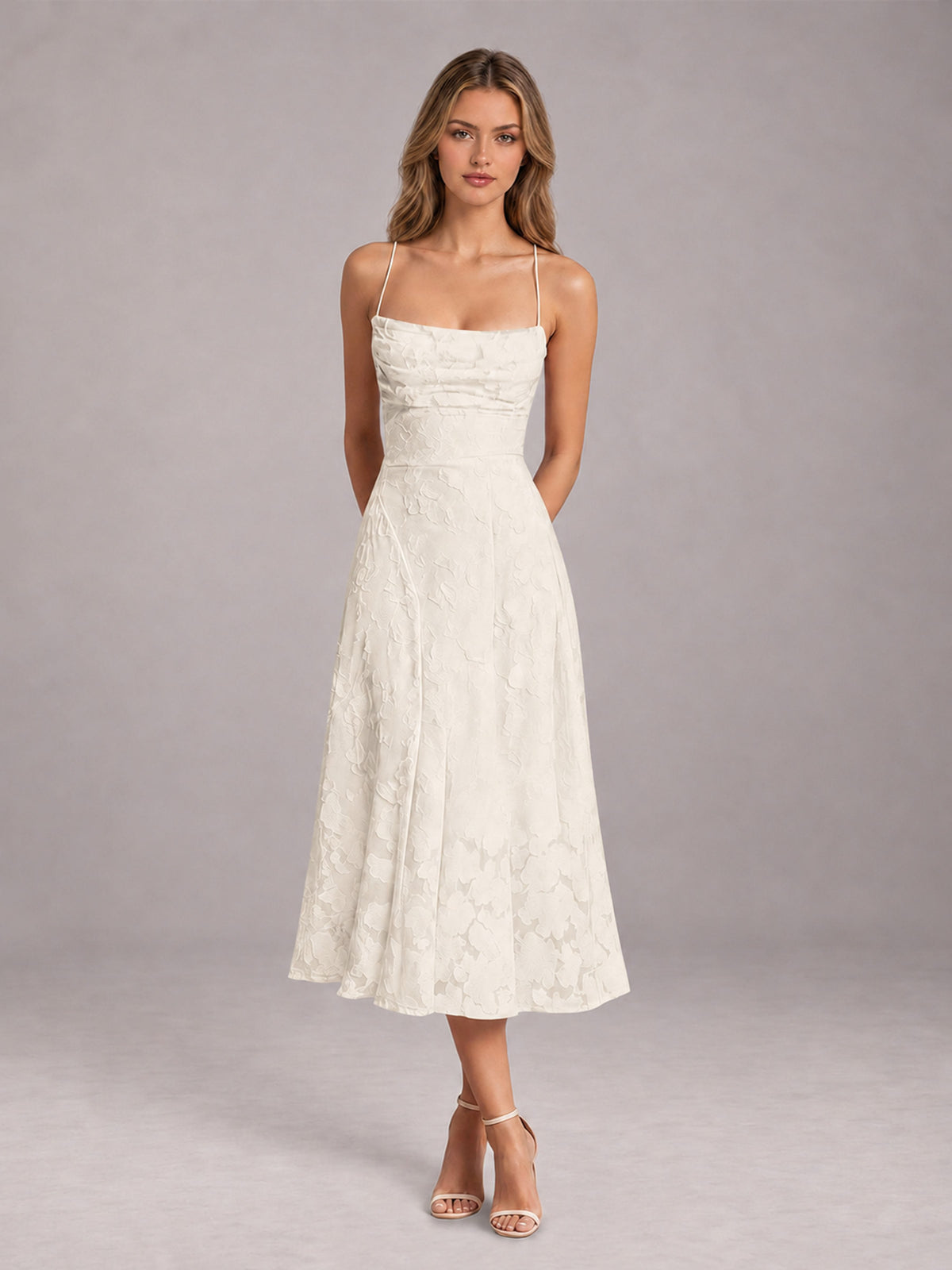 Ivory A-Line/Princess Spaghetti Strap Sleeveless Floral Lace Tea-Length Bridesmaid Dress