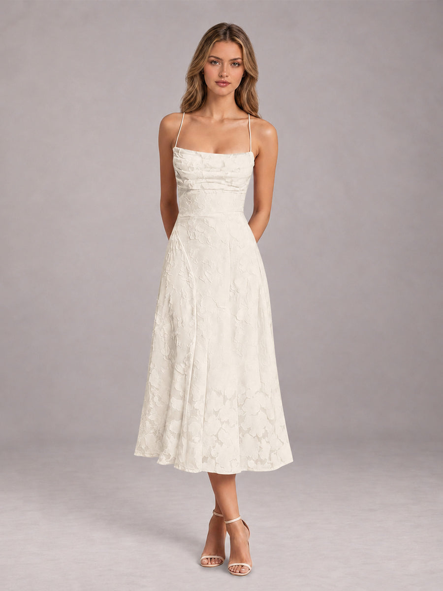 Ivory A-Line/Princess Spaghetti Strap Sleeveless Floral Lace Tea-Length Bridesmaid Dress
