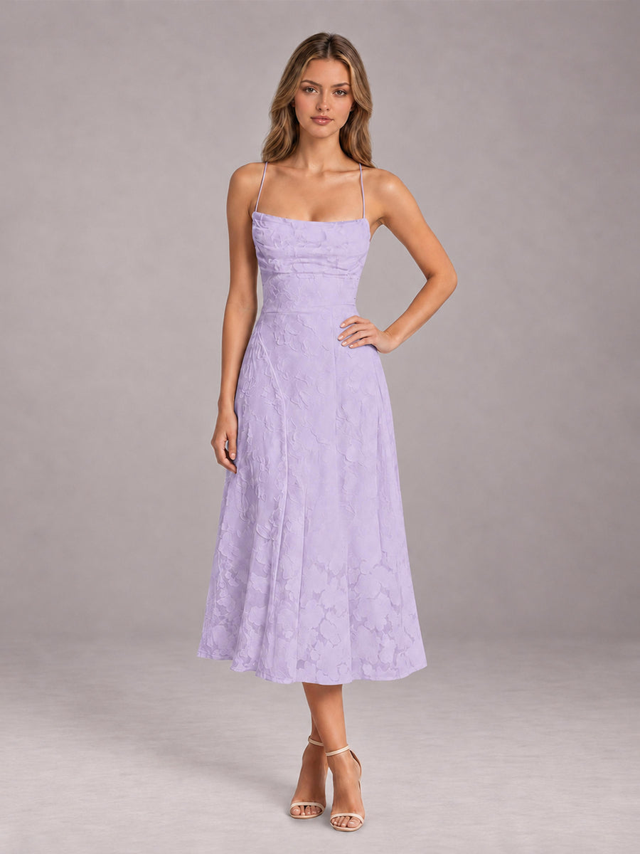 Lavender A-Line/Princess Spaghetti Strap Sleeveless Floral Lace Tea-Length Bridesmaid Dress