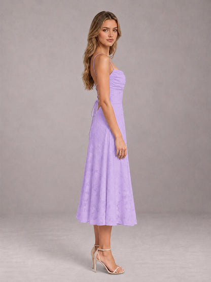 Lavender A-Line/Princess Spaghetti Strap Sleeveless Floral Lace Tea-Length Bridesmaid Dress