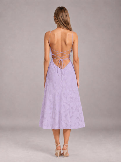 Lavender A-Line/Princess Spaghetti Strap Sleeveless Floral Lace Tea-Length Bridesmaid Dress