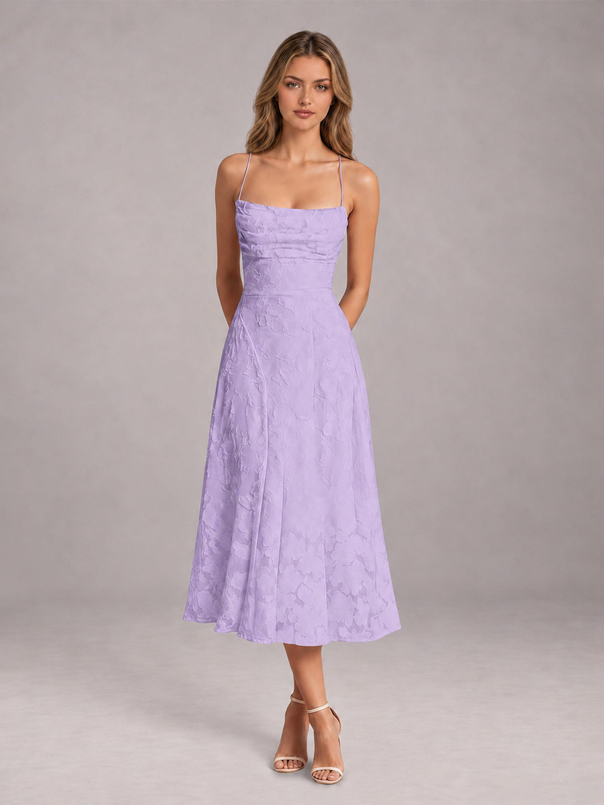 Lavender A-Line/Princess Spaghetti Strap Sleeveless Floral Lace Tea-Length Bridesmaid Dress