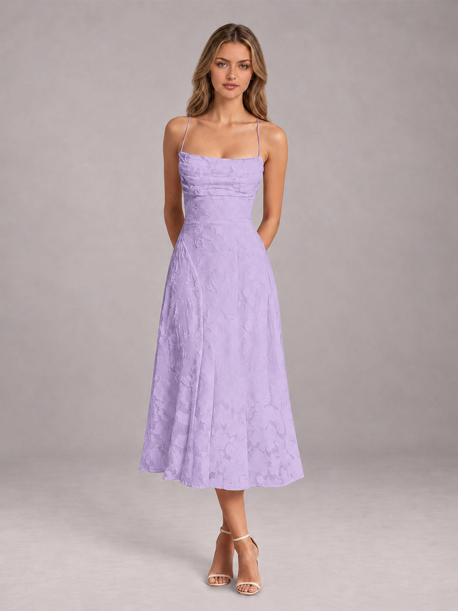 Lavender A-Line/Princess Spaghetti Strap Sleeveless Floral Lace Tea-Length Bridesmaid Dress