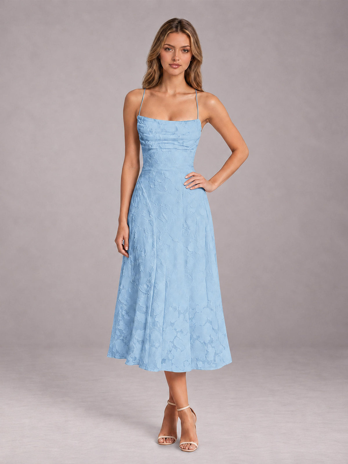 Light Blue A-Line/Princess Spaghetti Strap Sleeveless Floral Lace Tea-Length Bridesmaid Dress