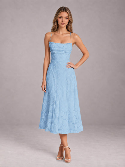 Light Blue A-Line/Princess Spaghetti Strap Sleeveless Floral Lace Tea-Length Bridesmaid Dress