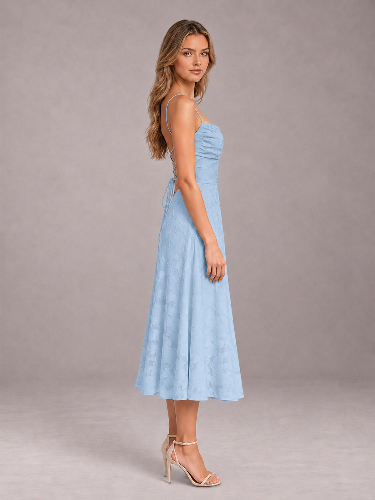 Light Blue A-Line/Princess Spaghetti Strap Sleeveless Floral Lace Tea-Length Bridesmaid Dress