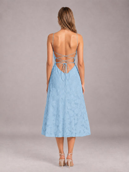 Light Blue A-Line/Princess Spaghetti Strap Sleeveless Floral Lace Tea-Length Bridesmaid Dress