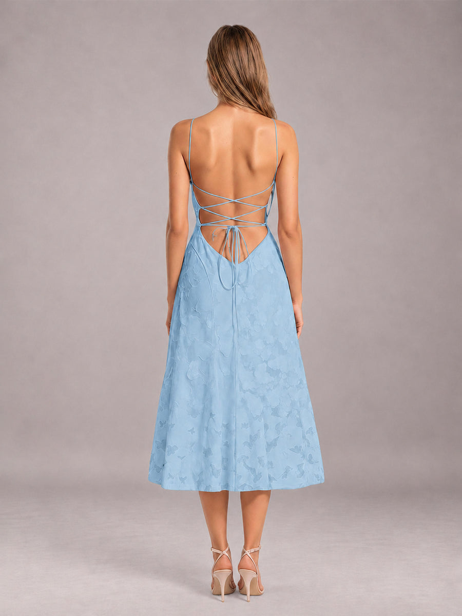 Light Blue A-Line/Princess Spaghetti Strap Sleeveless Floral Lace Tea-Length Bridesmaid Dress