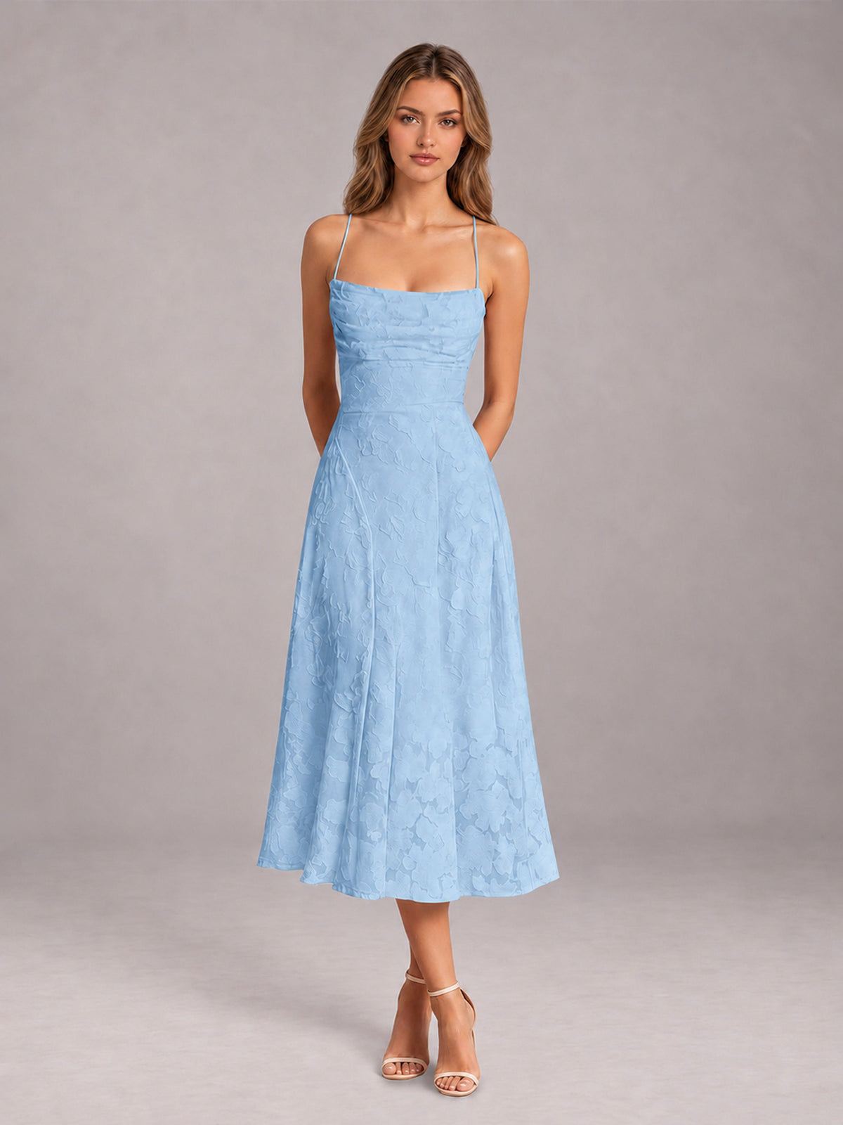 Light Blue A-Line/Princess Spaghetti Strap Sleeveless Floral Lace Tea-Length Bridesmaid Dress