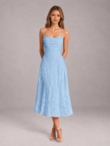Light Blue A-Line/Princess Spaghetti Strap Sleeveless Floral Lace Tea-Length Bridesmaid Dress